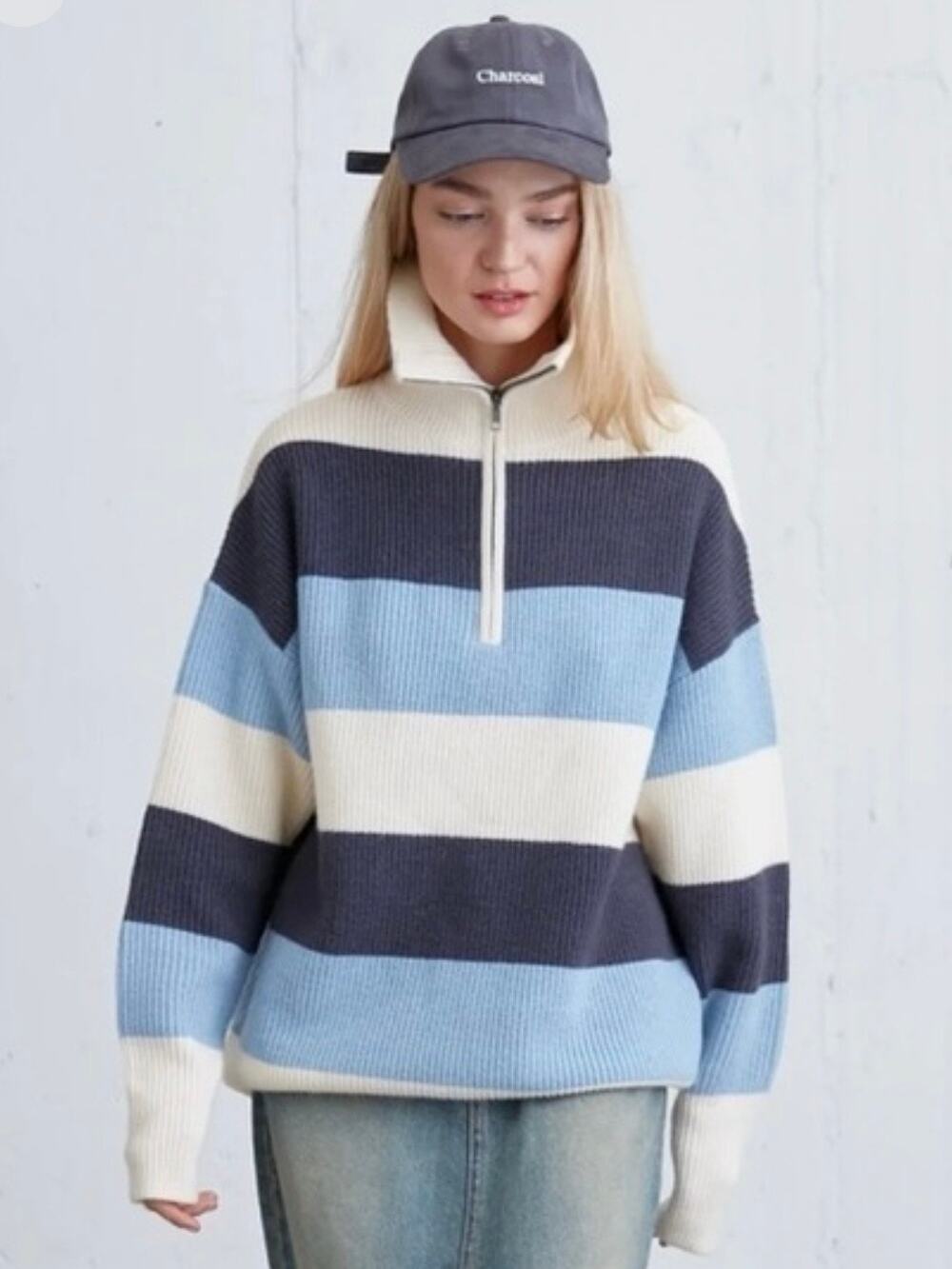 Oak + Fort Striped Half Zip Sweater Chunky Rib Knit Pullover Cozy Preppy Blue